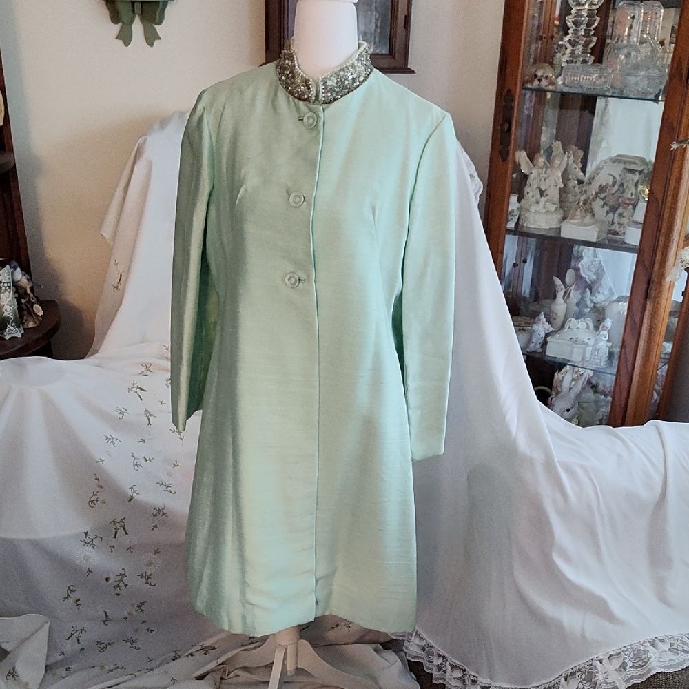 Mint Green Coat with Embellished Collar
